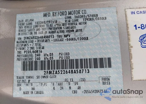 2004 Ford Freestar Sel z USA, uszkodzony, nr VIN 2FMZA52264BA58713